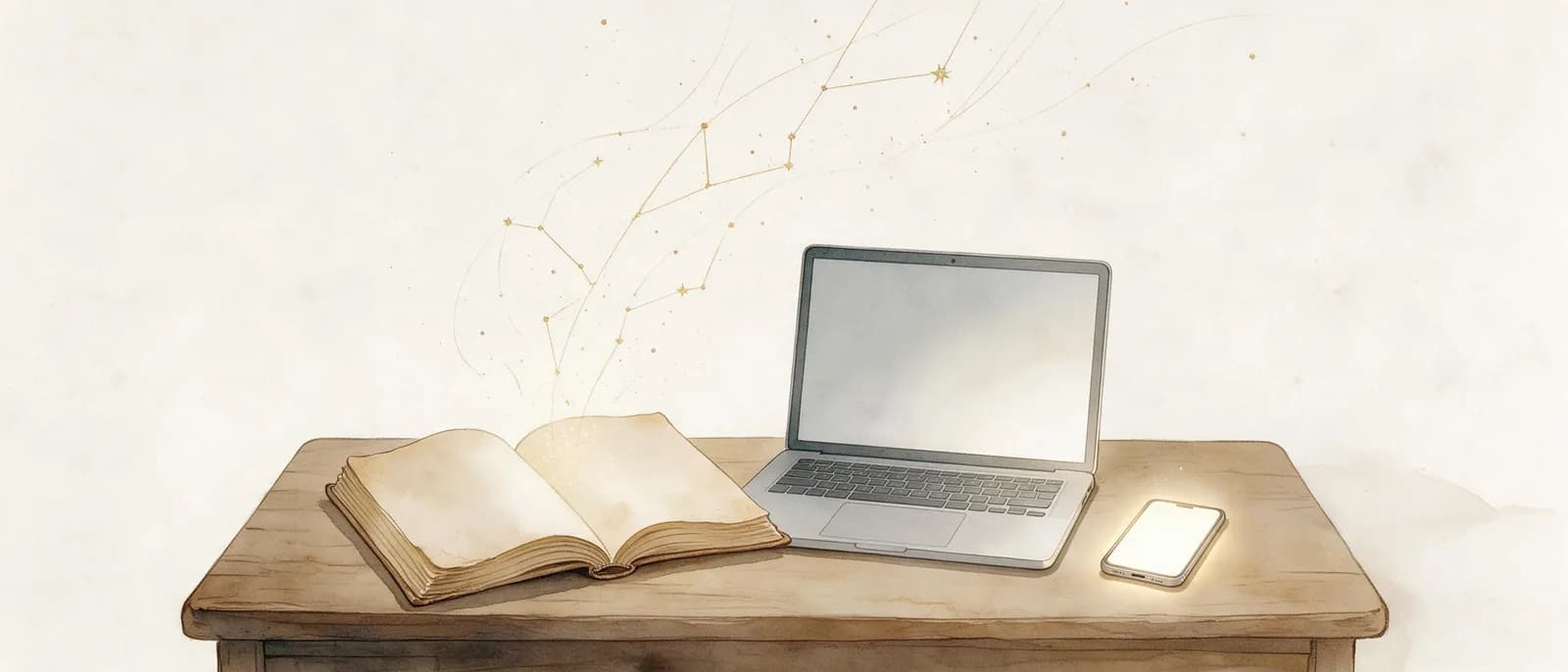 An open old book beside a laptop and a phone, with gold star-chart lines rising from the pages