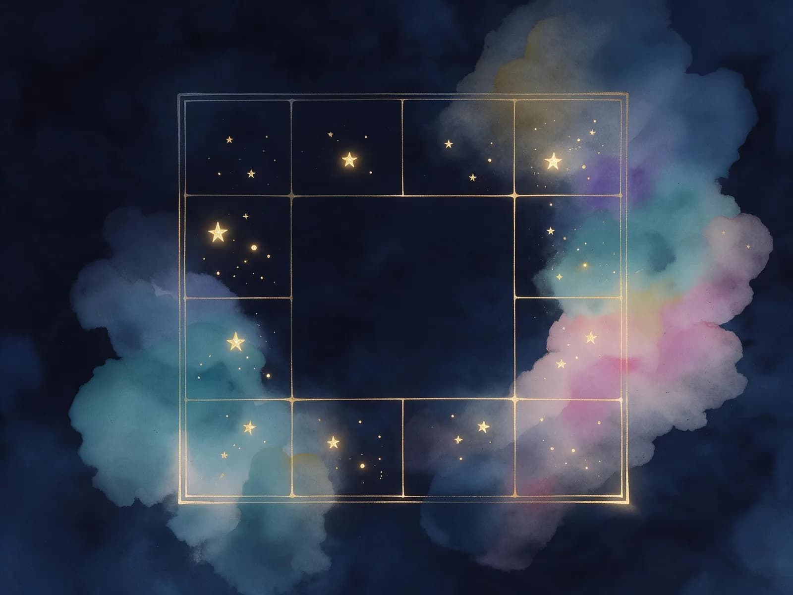 A hand-drawn twelve-palace chart grid with a few gold stars in its cells