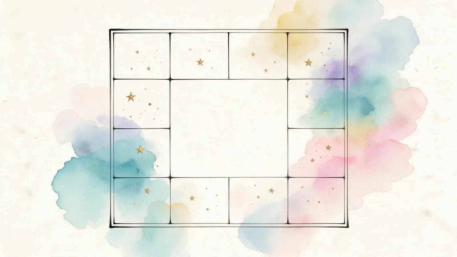 A hand-drawn twelve-palace chart grid with a few gold stars in its cells