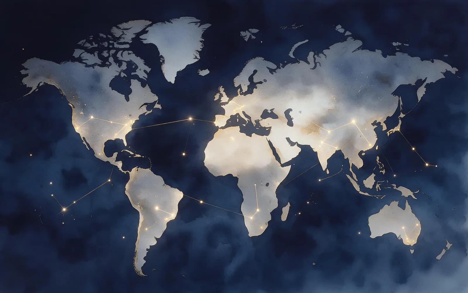 A watercolor world map with gold constellation lines linking places