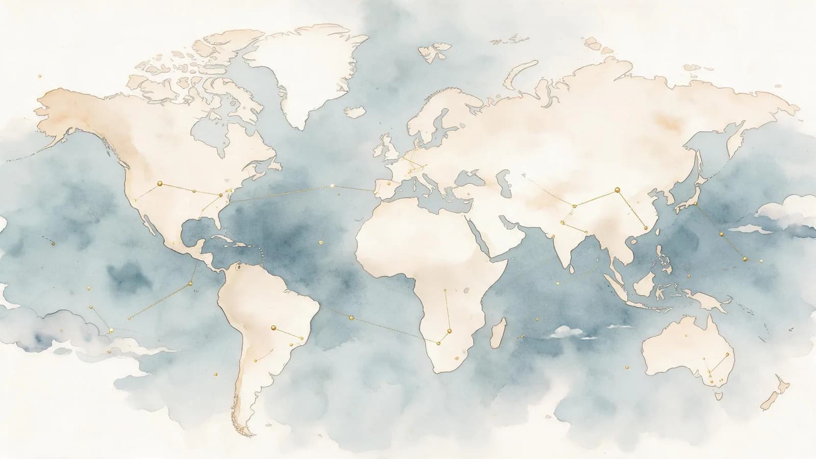 A watercolor world map with gold constellation lines linking places